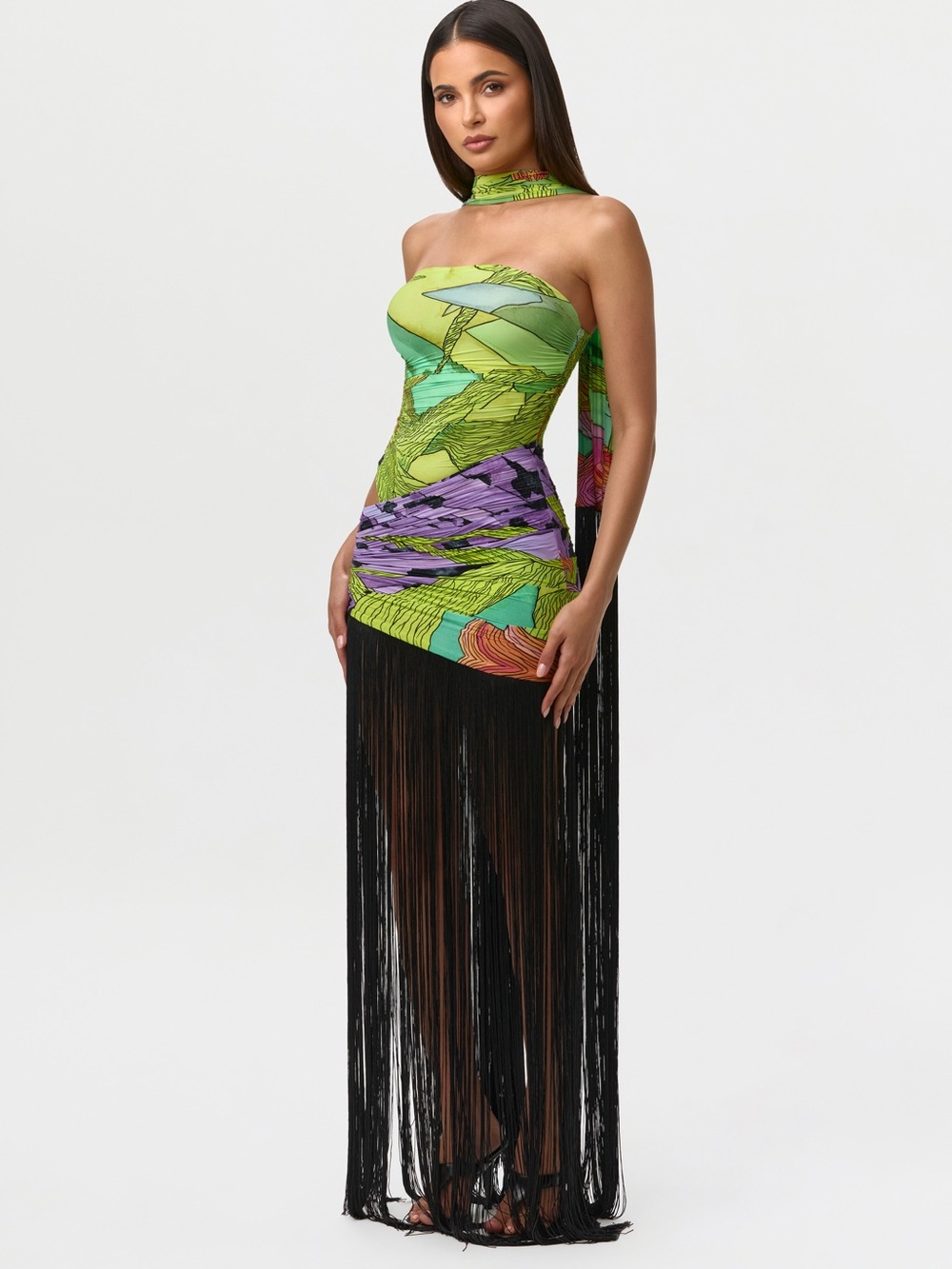 NWOT Naked Wardrobe Sz M Print Fringe Tube Dress Asym Bodycon Sash Green Purple - Picture 2 of 8
